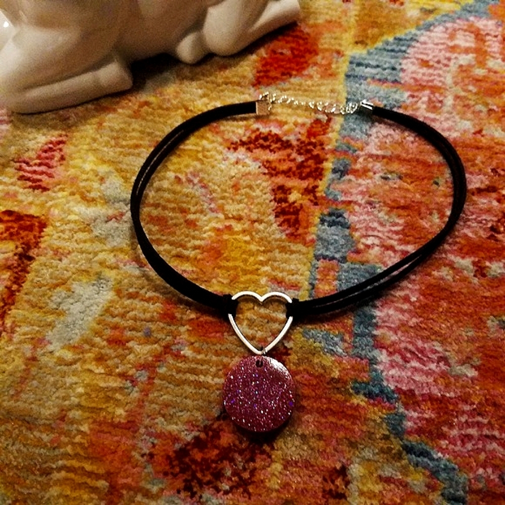 🦄 Pink Glittery Disk Heart Choker Necklace 🩷🤩 egirl